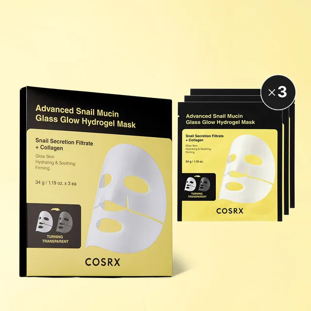 COSRX — Advanced Snail Mucin Glass Glow Hydrogel Mask, boîte de 3 masques hydrogel